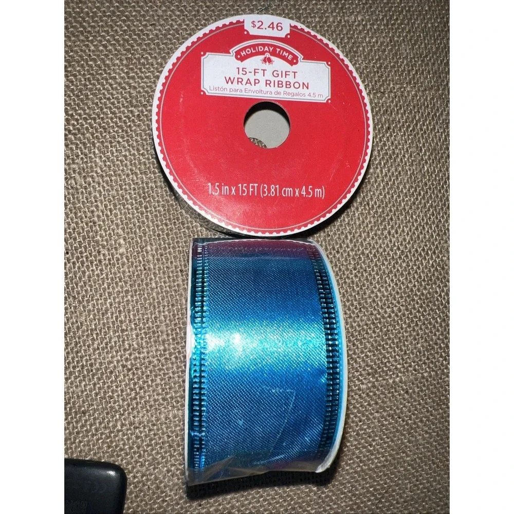 2 Rolls Holiday Time Dark Blue Wire Edged Ribbon 1.5in x 15ft Gift Wrap Spools